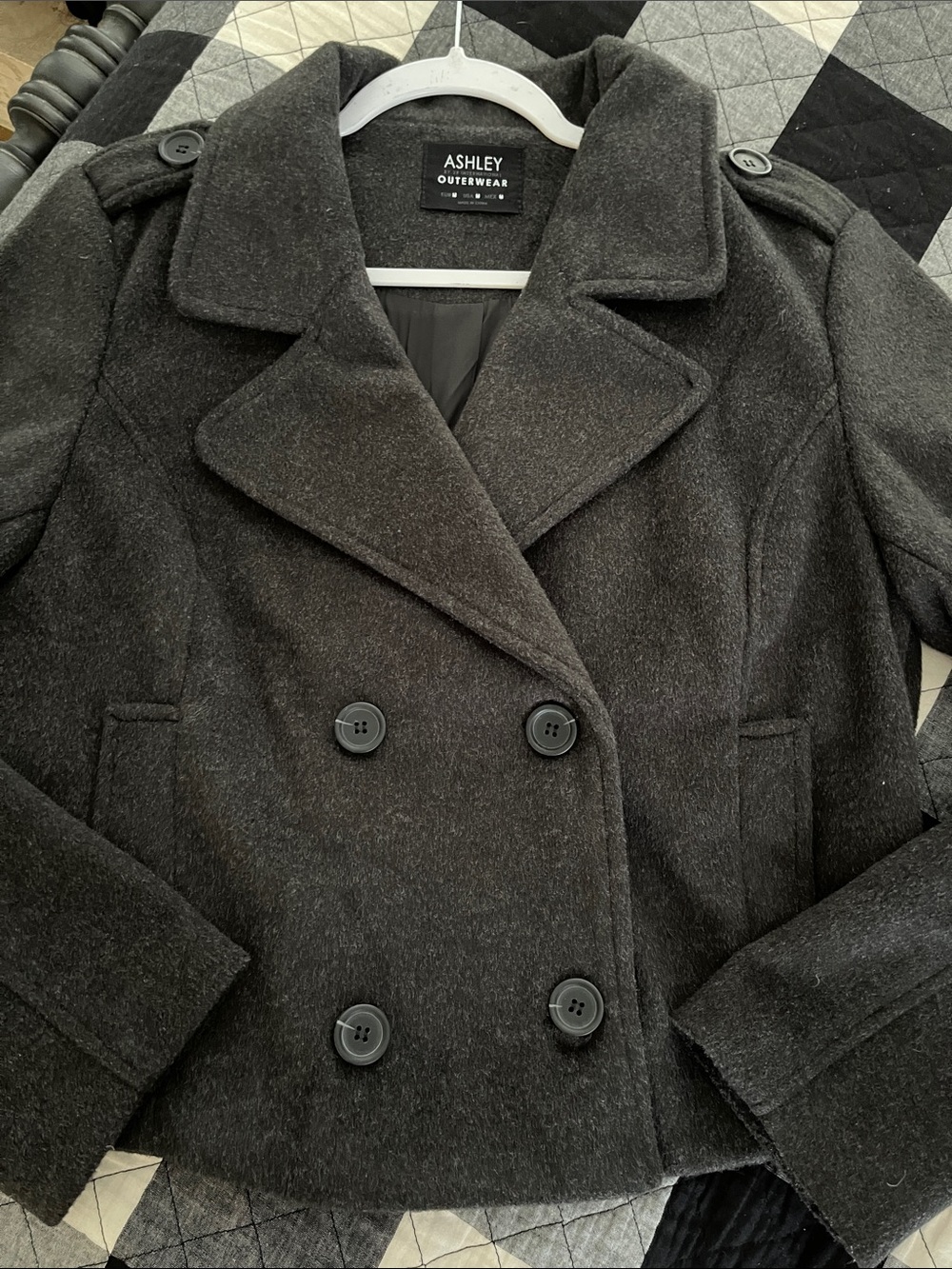 Ashley Charcoal Gray Double-Breasted Wool-Blend Peacoat